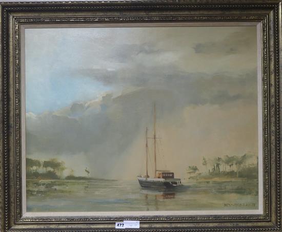 Richard Ewen, oil on canvas, Schooner at anchor, signed and dated 78 60 x 75cm